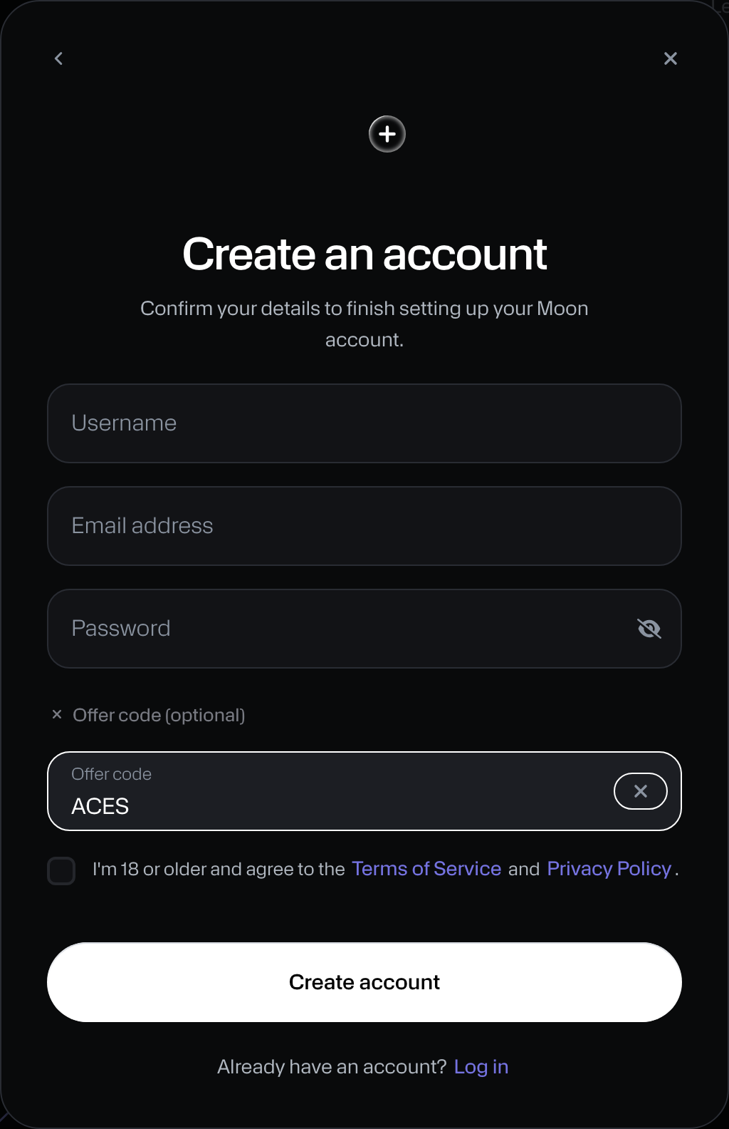 Moon.com sign-up form with the offer code ACES filled in