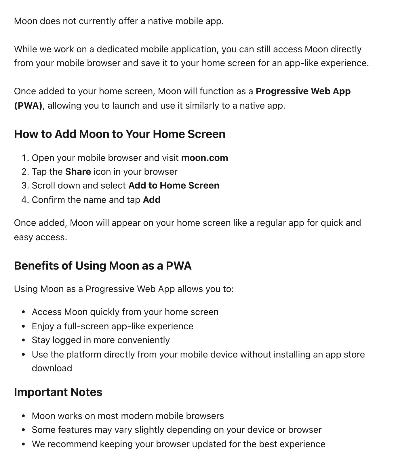 Screenshot of "Does Moon Have a Mobile App?" on help.moon.com, captured 2026-10-18