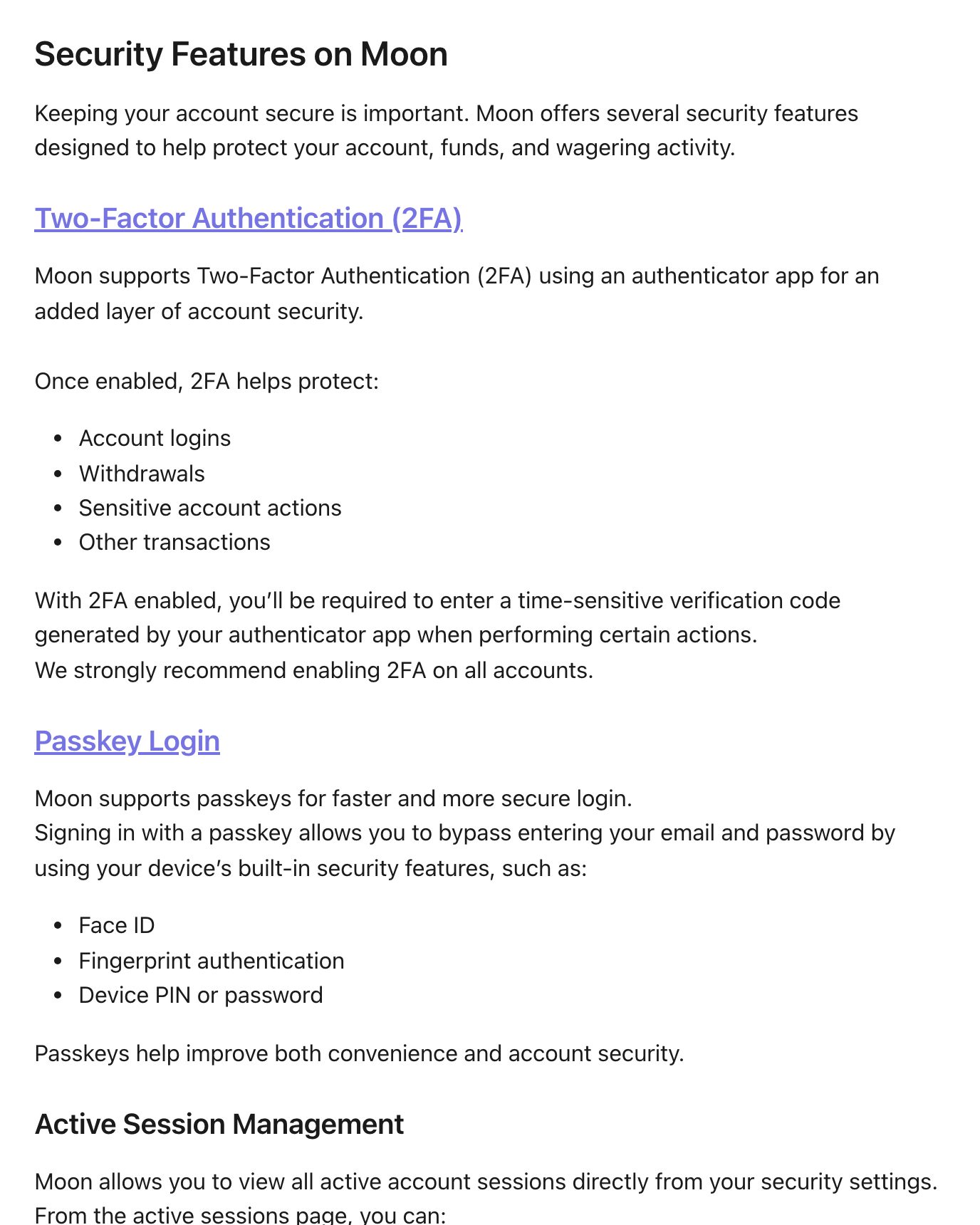 Screenshot of "Security Features on Moon" on help.moon.com, captured 2026-10-18
