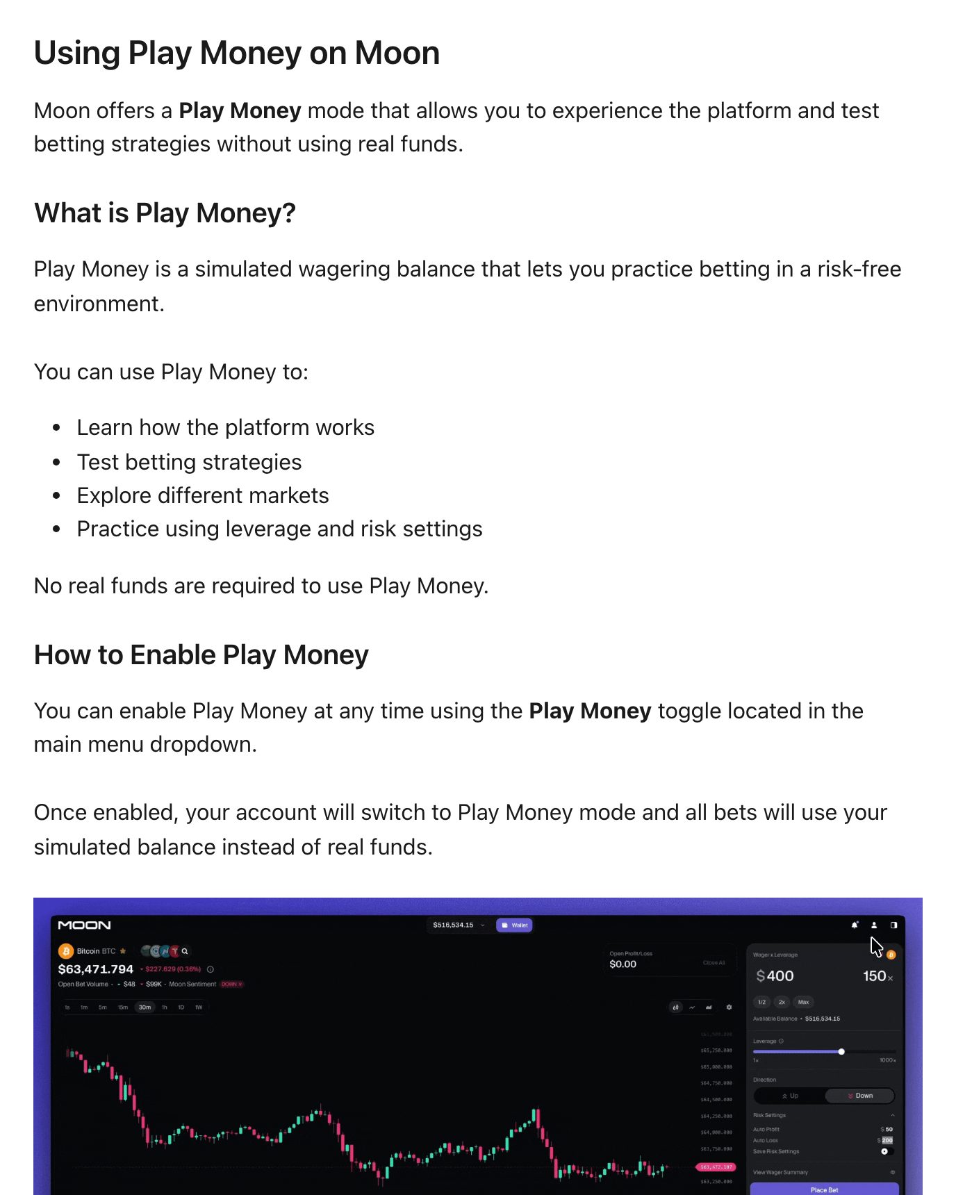 Screenshot of "Using Play Money on Moon" on help.moon.com, captured 2026-10-18