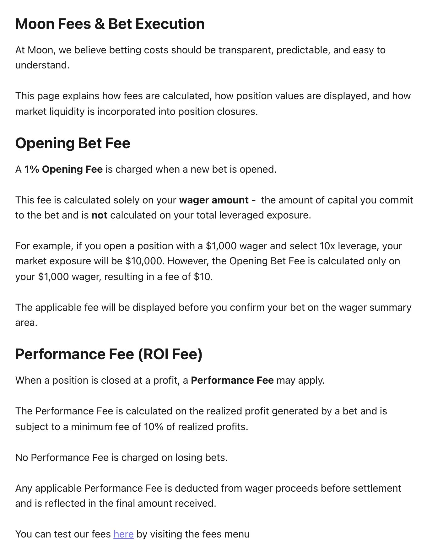 Screenshot of "How Do The Fees On Moon Work?" on help.moon.com, captured 2026-10-18