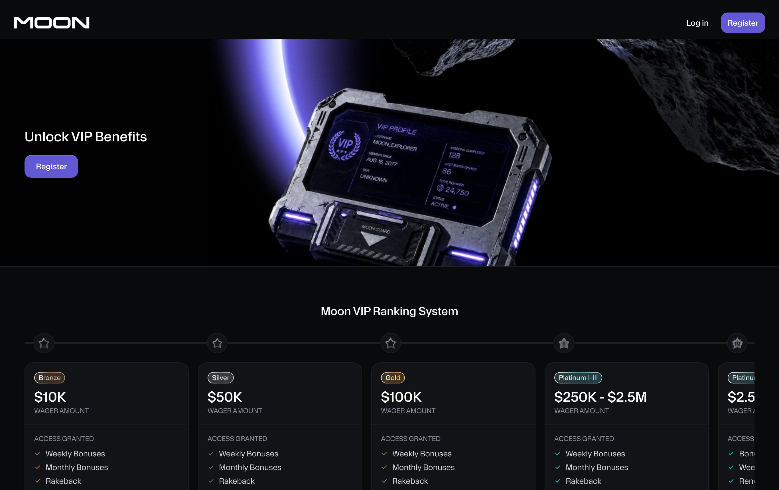 Screenshot of "VIP Club: Exclusive Rewards, Boosts & Level-Ups" on moon.com, captured 2026-10-18