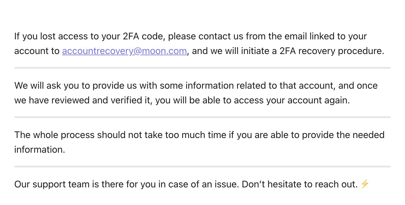 Screenshot of "Lost Two-Factor Authentication (2FA)" on help.moon.com, captured 2026-10-18