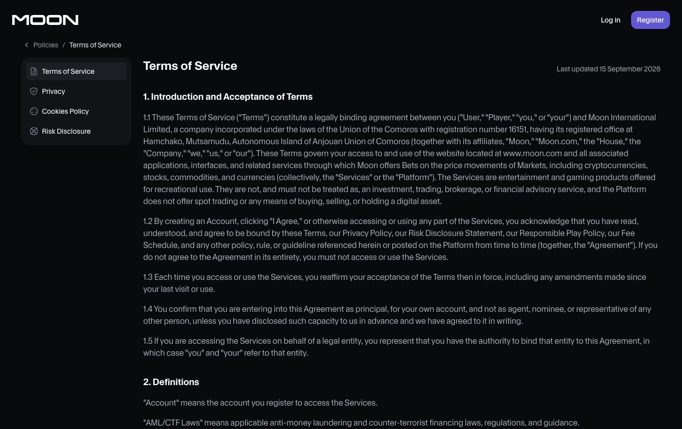 Screenshot of "Terms of Service" on moon.com, captured 2026-10-18