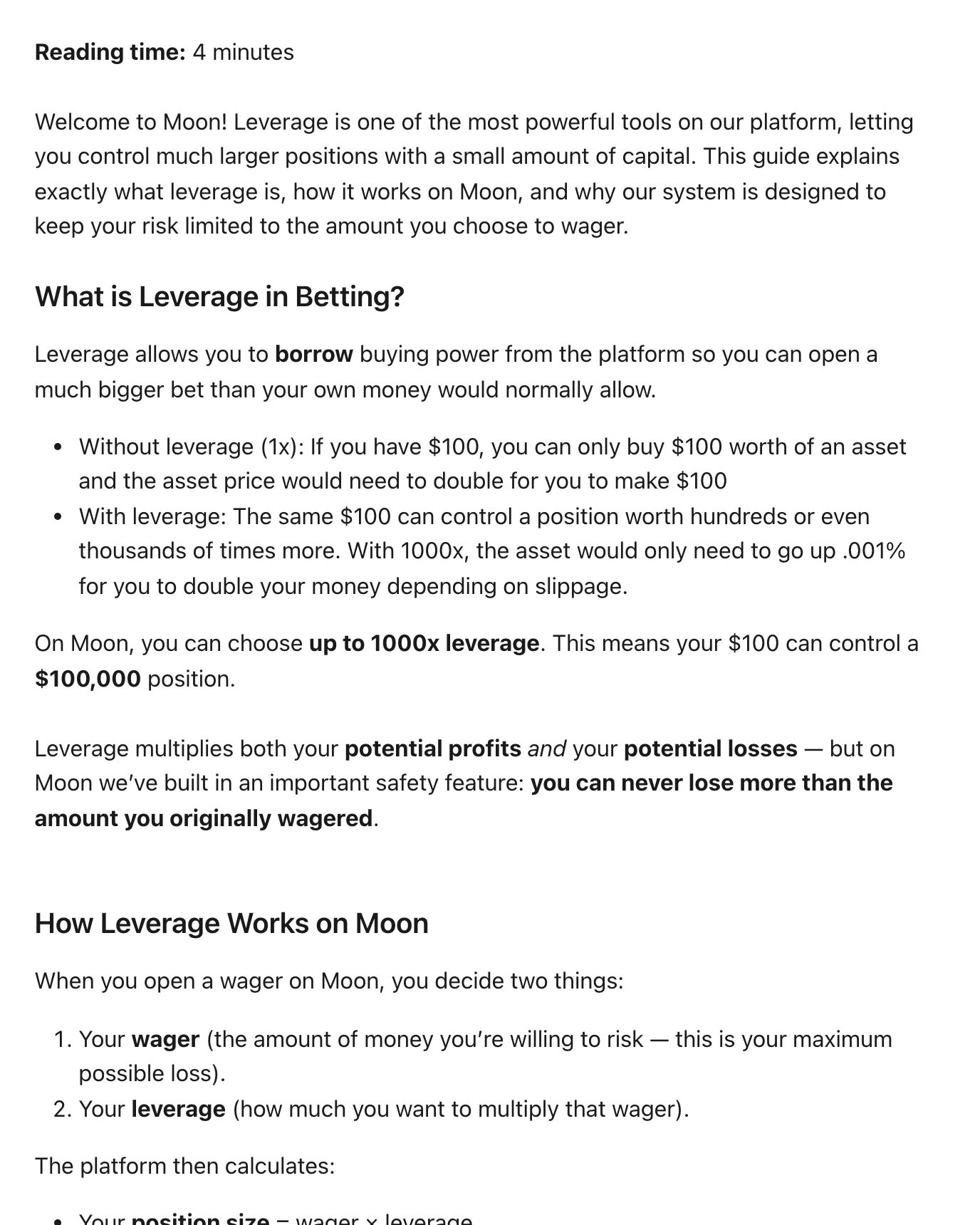 Screenshot of "How Does Leverage Work?" on help.moon.com, captured 2026-10-18