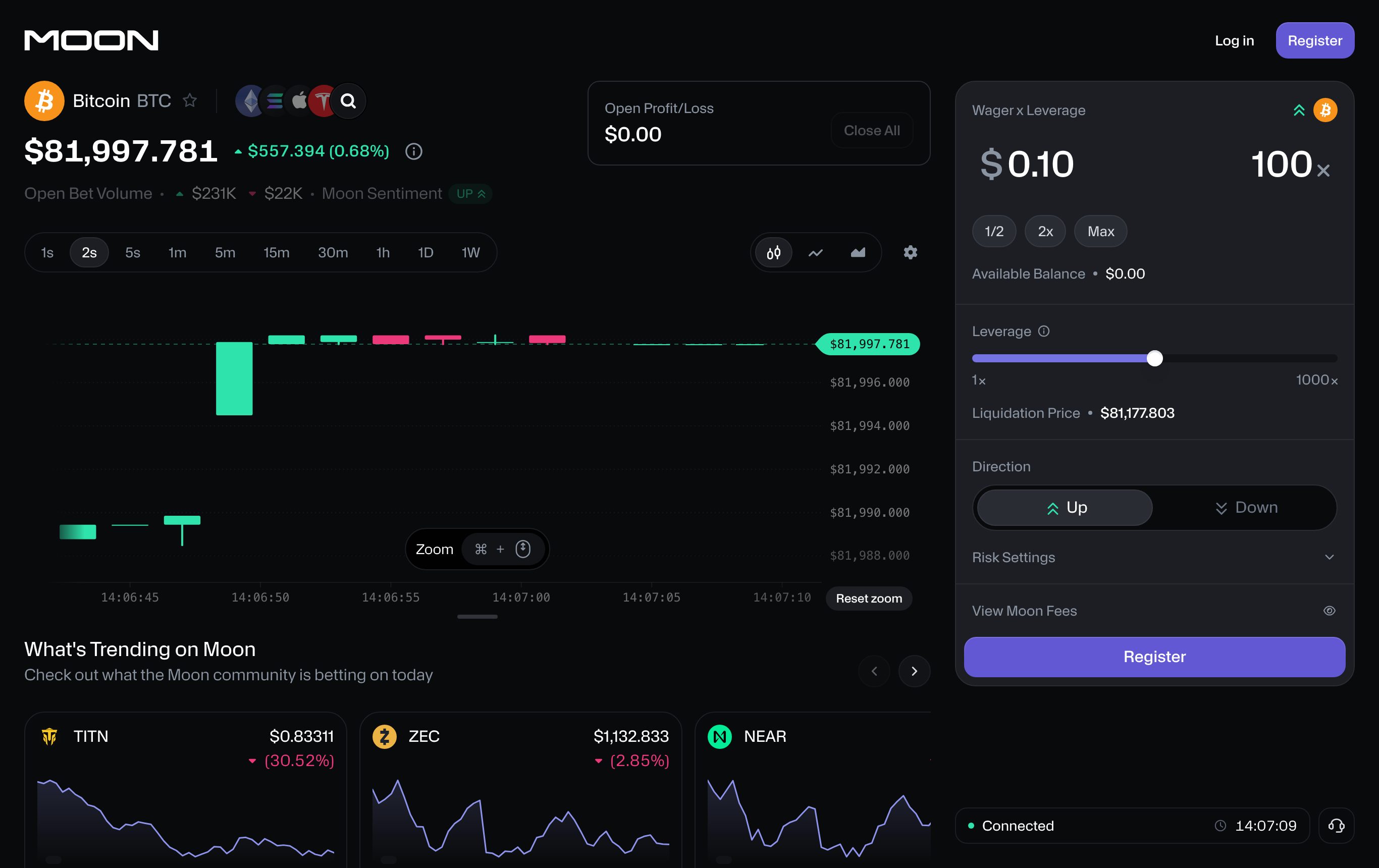 Screenshot of "Moon.com: Betting Markets - Wager on Finance, Crypto & more" on moon.com, captured 2026-10-18